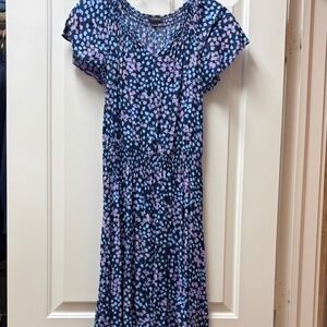 Talbots Smocked Split Neck Blue and Purple Midi Dress